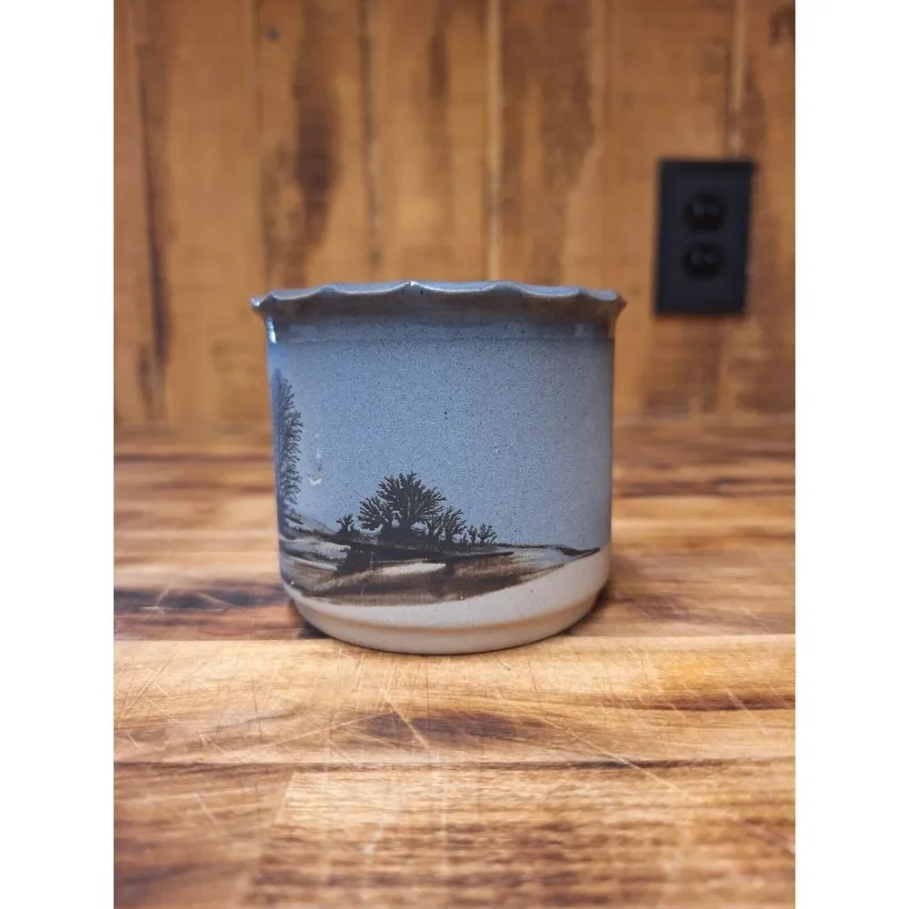 Wonderful‎ hand-made studio pottery brush pot / vase grey tones trees & birds